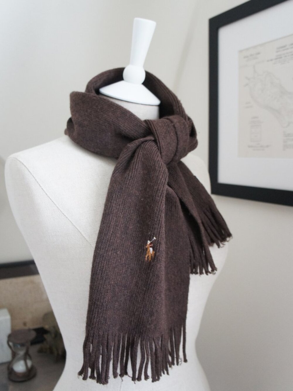 Polo Ralph Lauren 90s Vintage 100% Merino Wool Dark Brown Fringe Scarf - Picture 10 of 10
